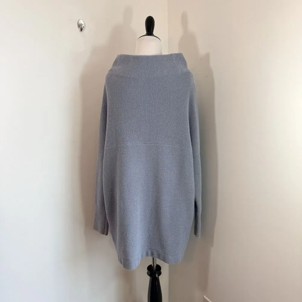 Free People Ottoman Slouchy Ribbed Mock Neck Sweater Tunic Chambray Blue M